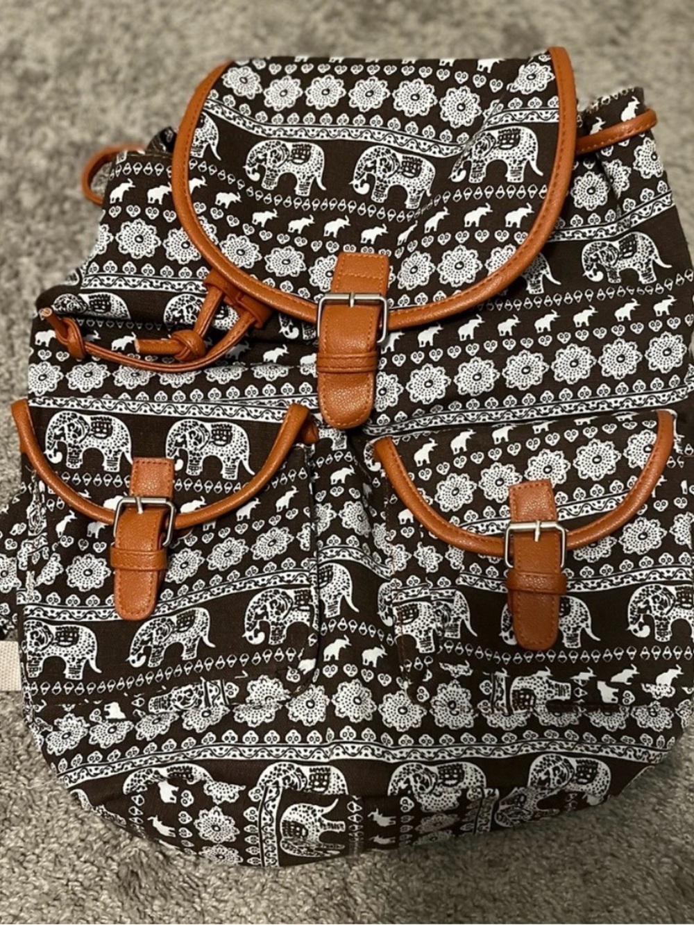 ‼️4 for $10‼️ Brown Canvas Elephant-Print Backpack with Tan Trim